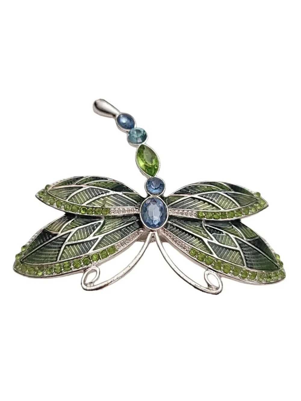 Napier Silver-Tone Green Blue Rhinestone Enamel Dragonfly Brooch Pin Signed E913